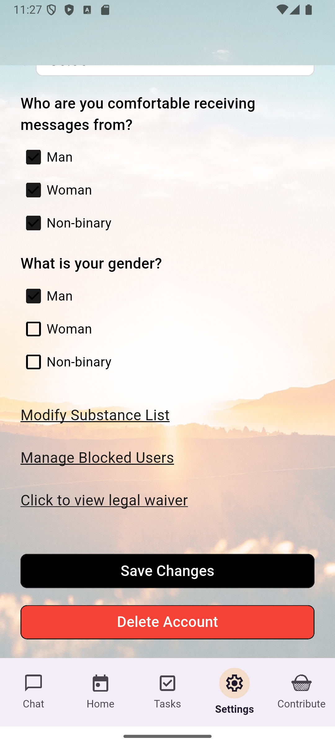 Delete account button screenshot