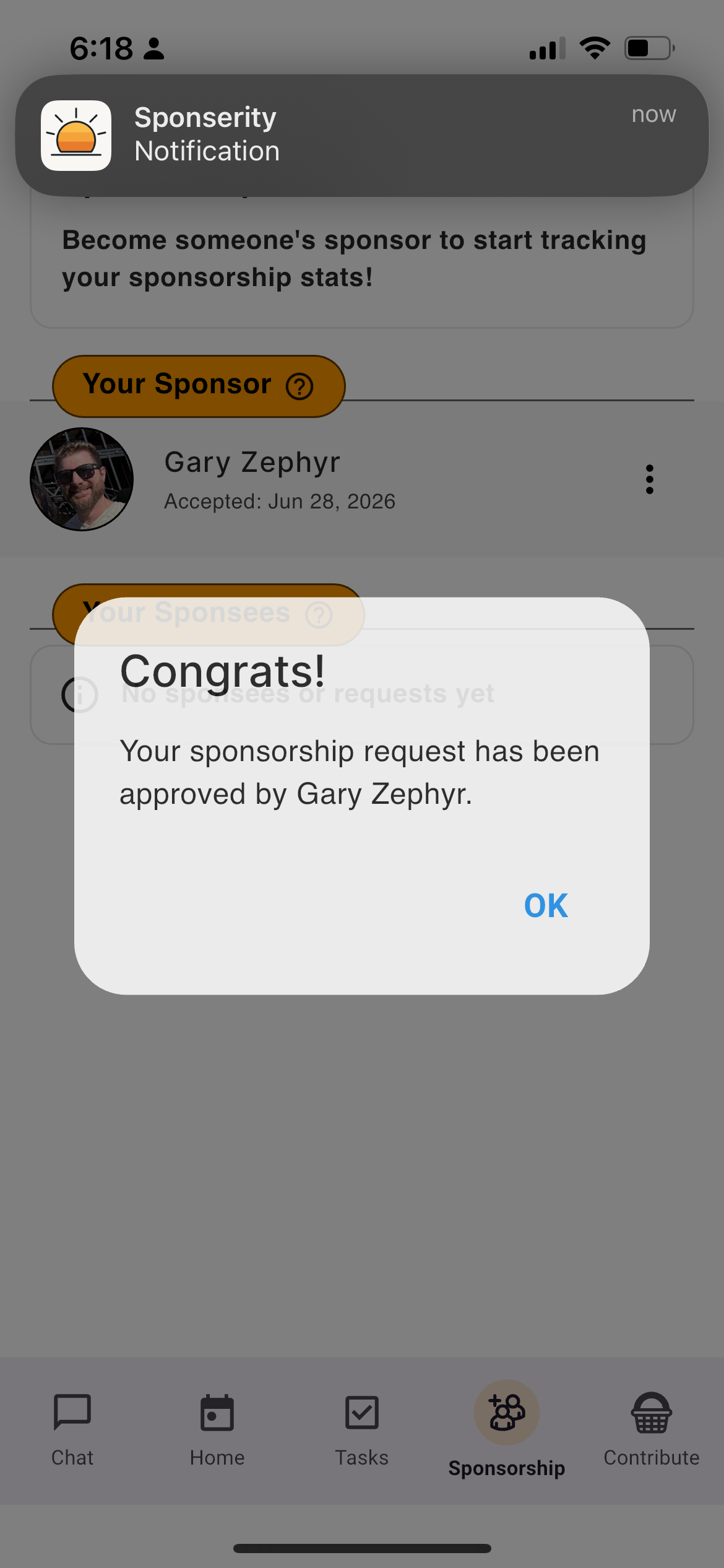Sponserity find a sponsor screen