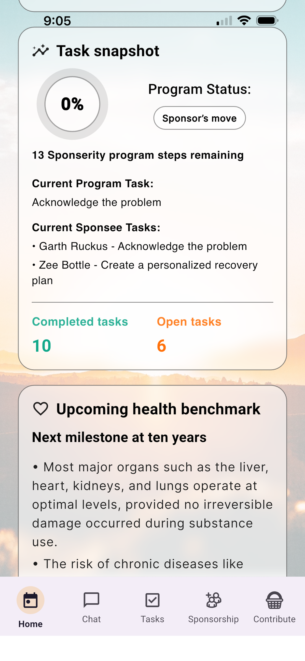 Sponserity sober stats and health benchmarks screen